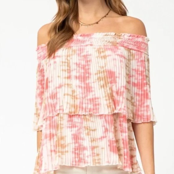 New Anthropologie M L Entro Pink Tie Dye Accordion Pleat Off The Shoulder Top - Picture 2 of 10